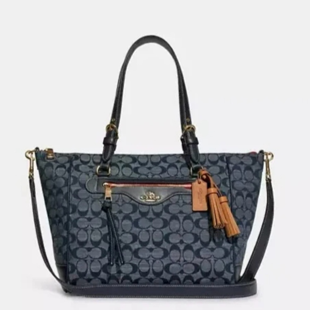 Coach Navy Kleo Signature Denim ChamrayTote with leather trim NWT
